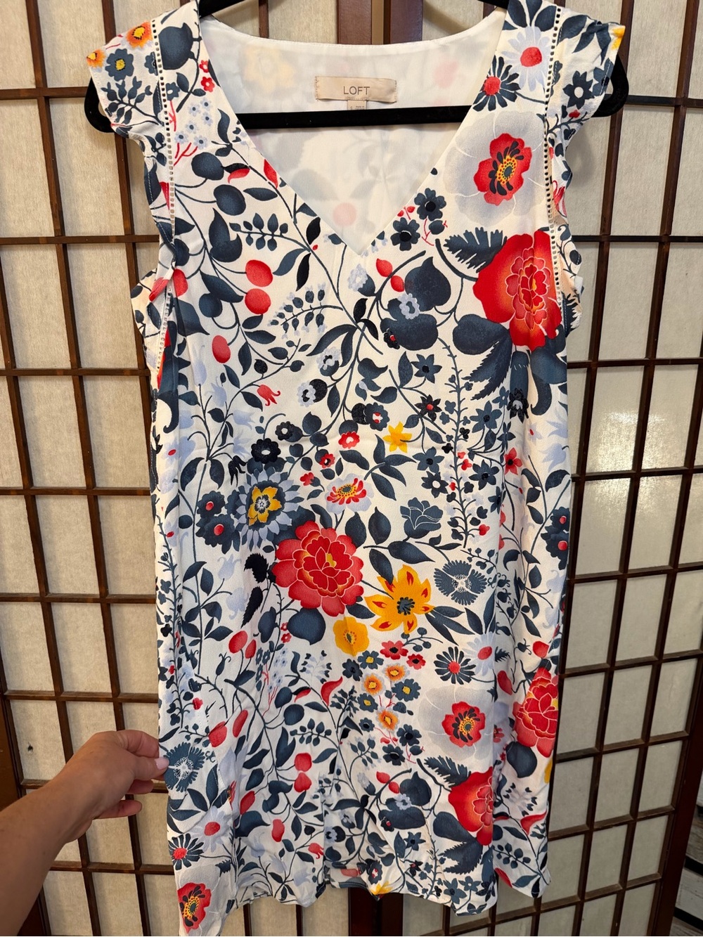 LOFT White Floral V-Neck Cap-Sleeve Mini Dress with Red, Navy & Yellow Flowers